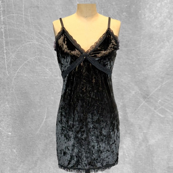 Black velvet nightgown nighty lingerie midi lace spaghetti strap sexy negligee - Picture 3 of 11